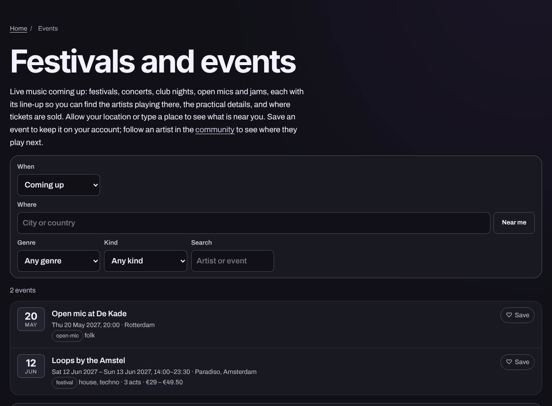 The events page with filters for when, where, genre, kind and search, and two example events.