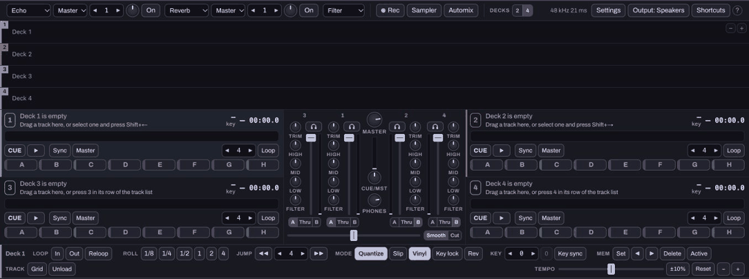Four empty decks with individual mixer channels, cue buttons and A, Thru and B routing.