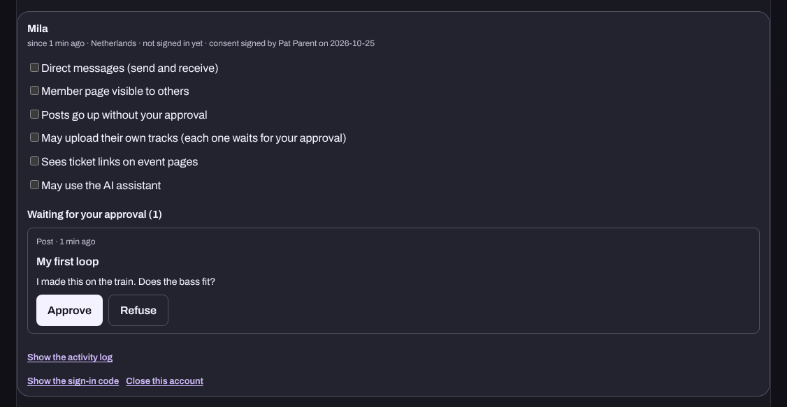 The parent page: a child account with six switches, all off, one post waiting for approval with Approve and Refuse, and links to the activity log and the sign-in code.