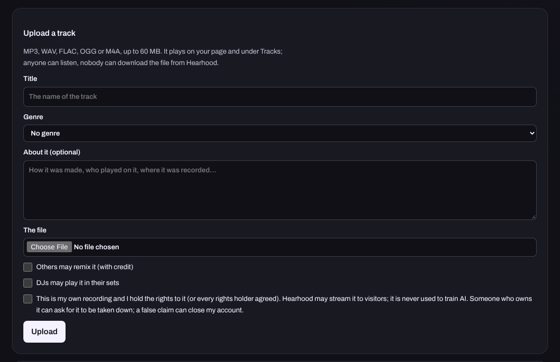 The upload form on a member page: title, genre, about, the file, the two rights boxes and the confirmation that it is your own recording.