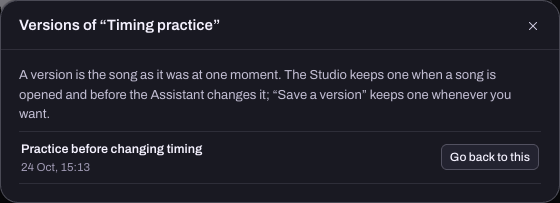Hearhood Versions window with a saved Practice before changing timing version and Go back to this.
