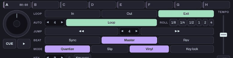 Deck 1 controls identifying hot cue A, the auto-loop length, ROLL sizes and beat-jump arrows.