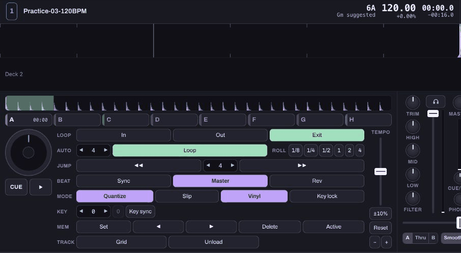 Deck 1 with a four-beat loop highlighted and hot cue A at the start of a synthetic practice beat.