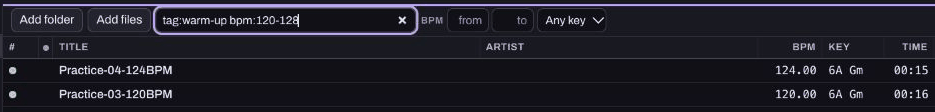 Library search tag:warm-up bpm:120-128 returning two synthetic practice tracks at 120 and 124 BPM.