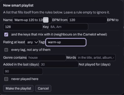Smart-playlist editor with BPM from 120, BPM to 128 and Tags warm-up.